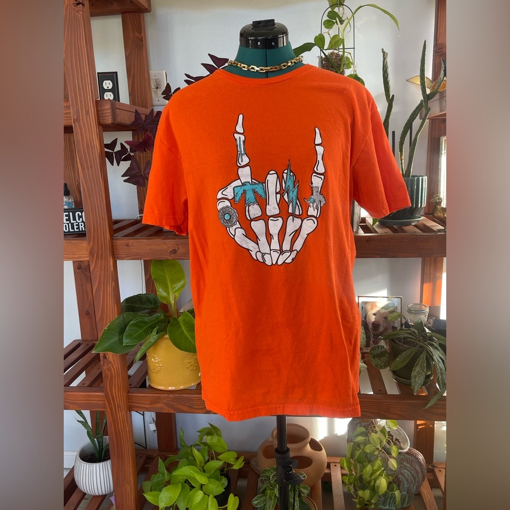 Gildan Orange Short Sleeve Tee with Skeleton Hand Design